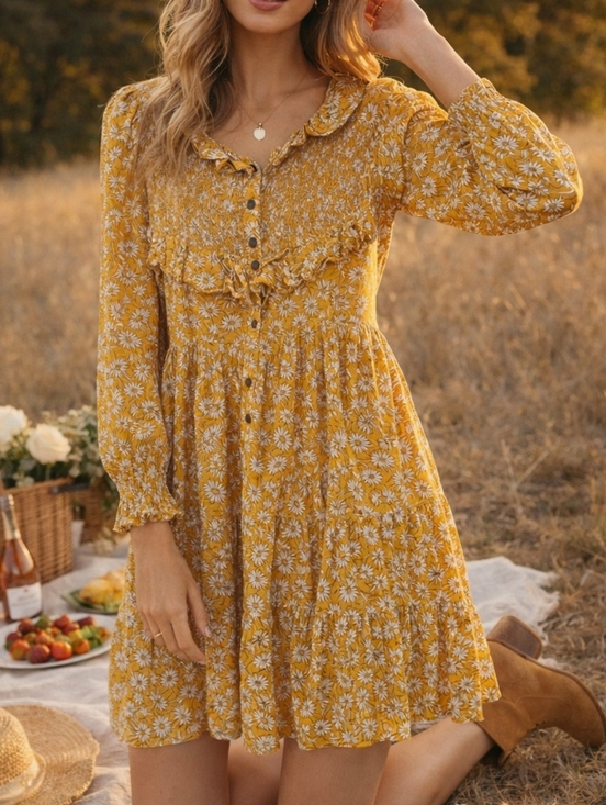 Zara Dresses & Skirts - Zara Mustard Yellow Floral Ruffle Dress Boho Prairie Smocked Button Front